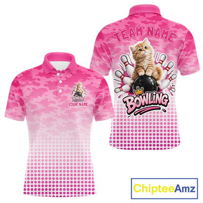 Cute Cat Custom Funny Bowling Polo & 1/4 Zip Shirts For Men, Cat Bowling Team Outfits NBT1110