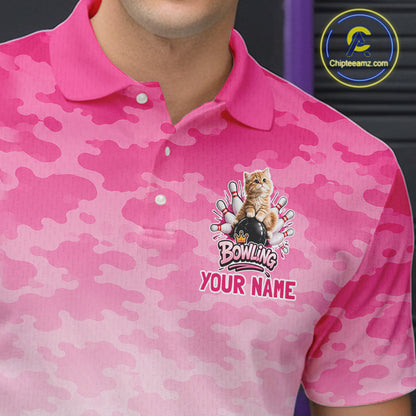 Cute Cat Custom Funny Bowling Polo & 1/4 Zip Shirts For Men, Cat Bowling Team Outfits NBT1110