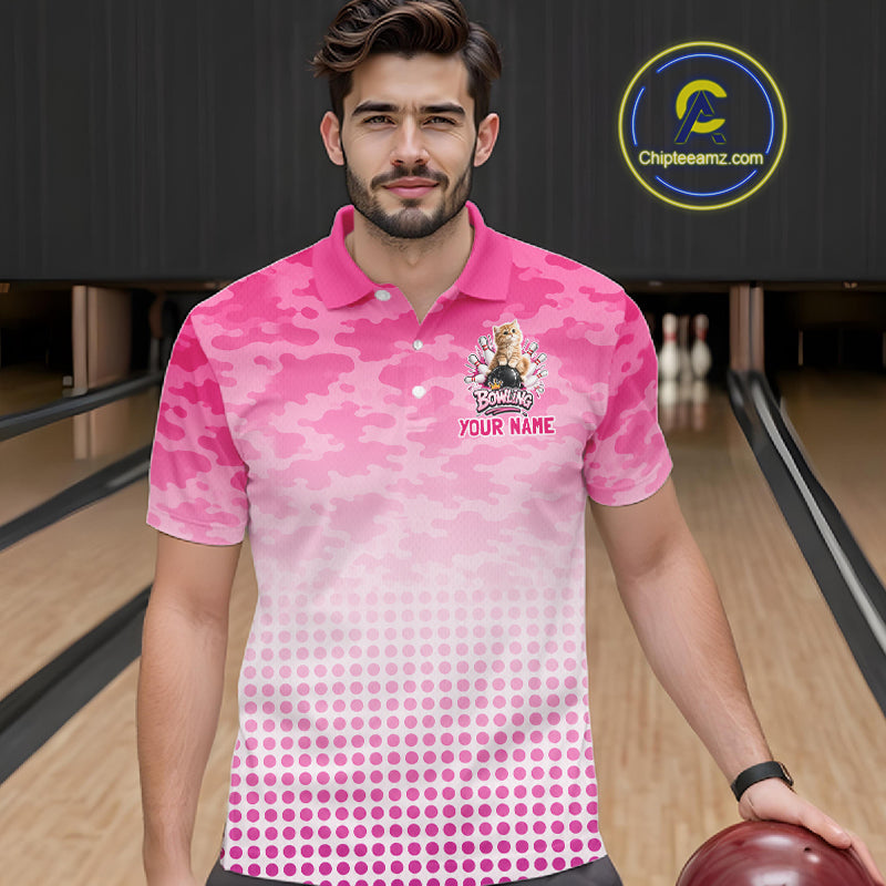 Cute Cat Custom Funny Bowling Polo & 1/4 Zip Shirts For Men, Cat Bowling Team Outfits NBT1110