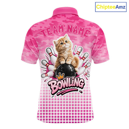 Cute Cat Custom Funny Bowling Polo & 1/4 Zip Shirts For Men, Cat Bowling Team Outfits NBT1110