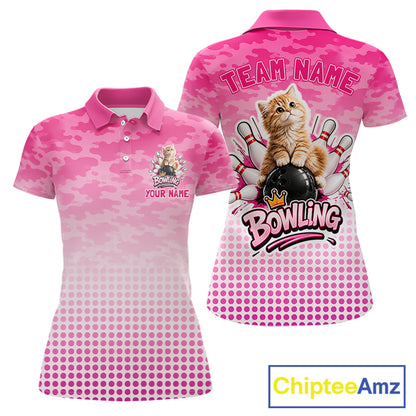 Cute Cat Custom Funny Bowling Polo & 1/4 Zip Shirts For Women, Cat Bowling Team Outfits NBT1110
