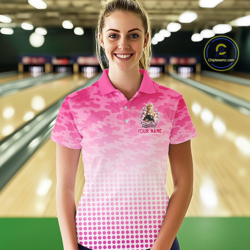 Cute Cat Custom Funny Bowling Polo & 1/4 Zip Shirts For Women, Cat Bowling Team Outfits NBT1110