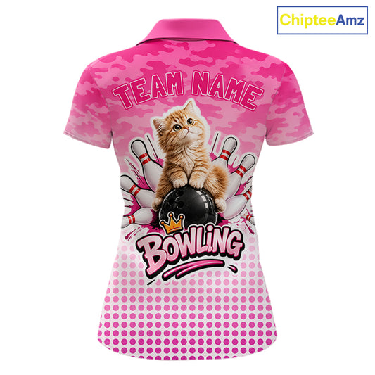 Cute Cat Custom Funny Bowling Polo & 1/4 Zip Shirts For Women, Cat Bowling Team Outfits NBT1110