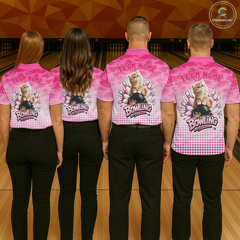 Cute Cat Custom Funny Bowling Polo & 1/4 Zip Shirts For Men, Cat Bowling Team Outfits NBT1110