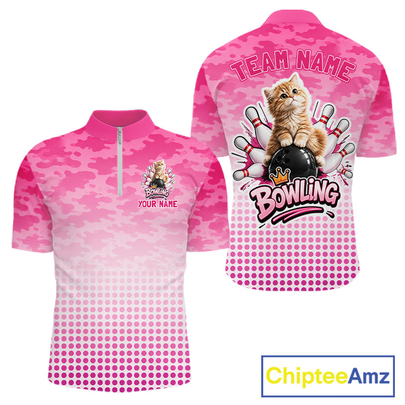 Cute Cat Custom Funny Bowling Polo & 1/4 Zip Shirts For Men, Cat Bowling Team Outfits NBT1110