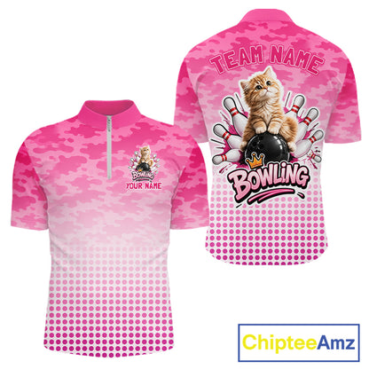 Cute Cat Custom Funny Bowling Polo & 1/4 Zip Shirts For Men, Cat Bowling Team Outfits NBT1110