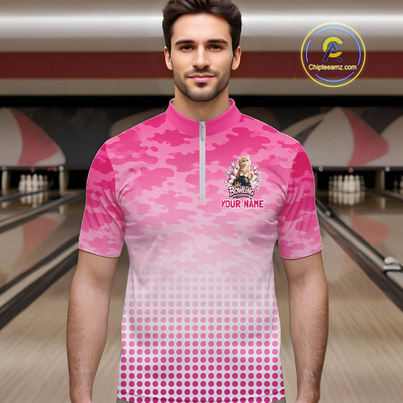 Cute Cat Custom Funny Bowling Polo & 1/4 Zip Shirts For Men, Cat Bowling Team Outfits NBT1110