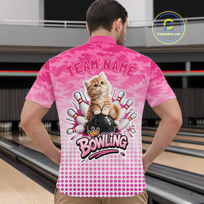 Cute Cat Custom Funny Bowling Polo & 1/4 Zip Shirts For Men, Cat Bowling Team Outfits NBT1110