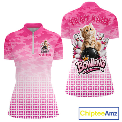 Cute Cat Custom Funny Bowling Polo & 1/4 Zip Shirts For Women, Cat Bowling Team Outfits NBT1110