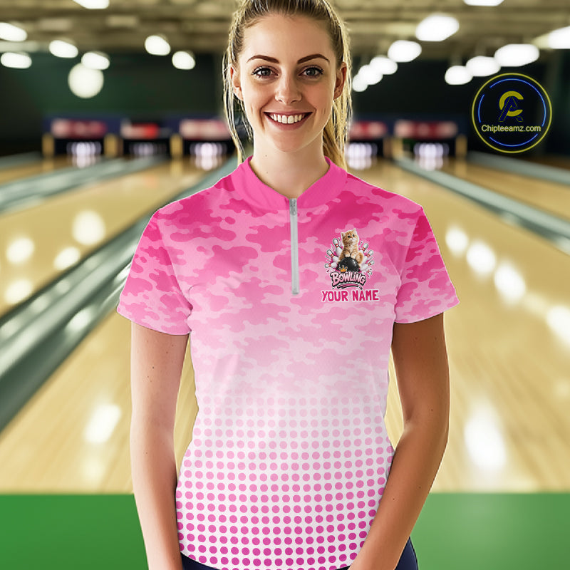 Cute Cat Custom Funny Bowling Polo & 1/4 Zip Shirts For Women, Cat Bowling Team Outfits NBT1110