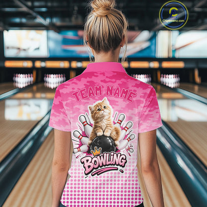 Cute Cat Custom Funny Bowling Polo & 1/4 Zip Shirts For Women, Cat Bowling Team Outfits NBT1110