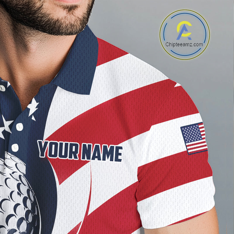 Close-up breathable fabric of America 250th anniversary golf polo shirt with “Your Name” on the chest.
