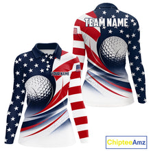 Load image into Gallery viewer, Front and back views of a womens America flag patriotic golf polo shirt, name text on the chest and team name on the back.