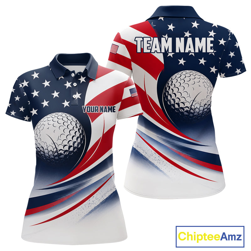 Front and back views of a womens America 250th anniversary golf polo shirt, name text on the chest and team name on the back.