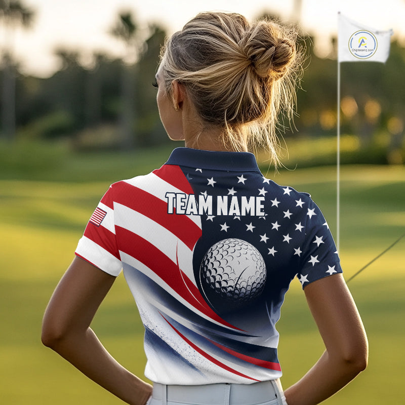 A woman wearing an America 250th Anniversary golf polo shirt with “Team Name" on the back.