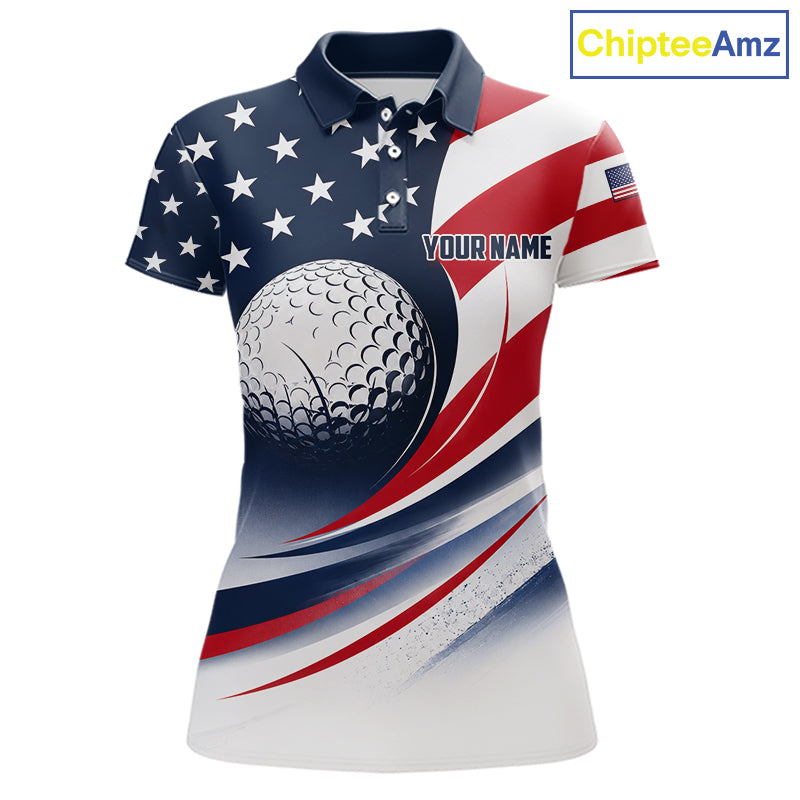 Front views of a womens America 250th anniversary golf polo shirt, name text on the chest.