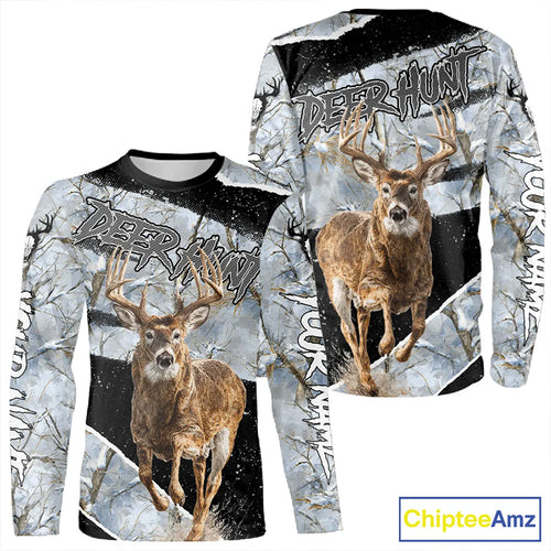 Winter Whitetail Deer Camo Customize Name 3D Printed Long Sleeve Hunting Shirts for Men NBT260