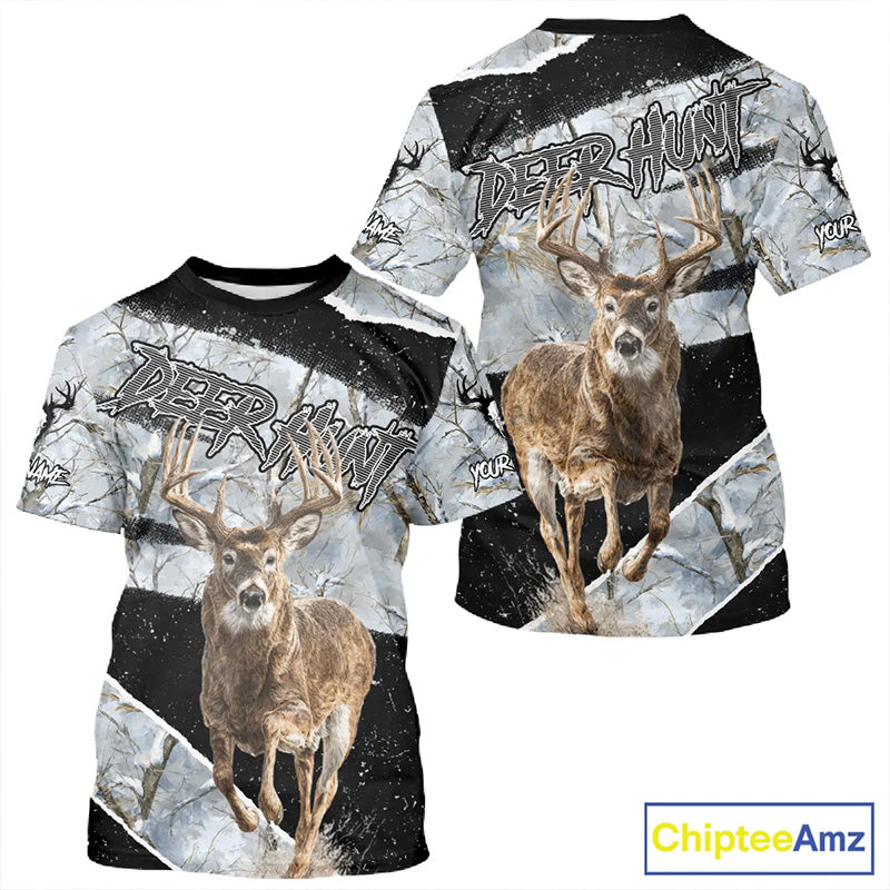 Winter Whitetail Deer Camo Customize Name 3D Printed Long Sleeve Hunting Shirts for Men NBT260
