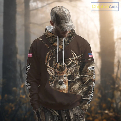 Deer Hunting Big Game Brown Camo US Flag Custom Name 3D All Over Print Shirts, Hunting Gifts NBT263