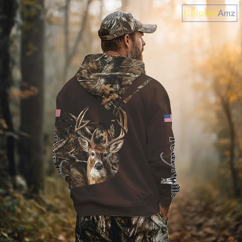 Deer Hunting Big Game Brown Camo US Flag Custom Name 3D All Over Print Shirts, Hunting Gifts NBT263