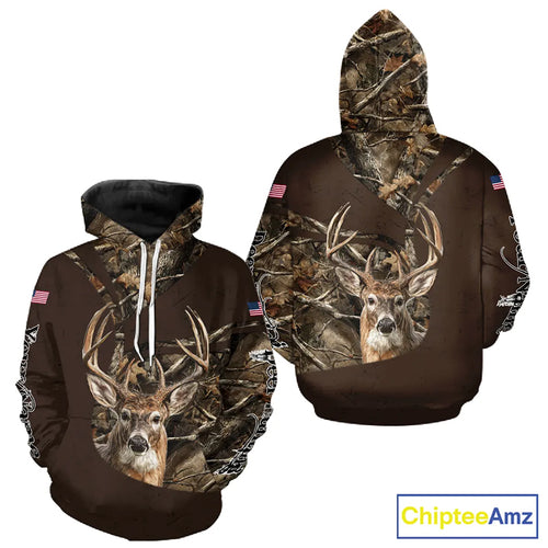 Deer Hunting Big Game Brown Camo US Flag Custom Name 3D All Over Print Shirts, Hunting Gifts NBT263