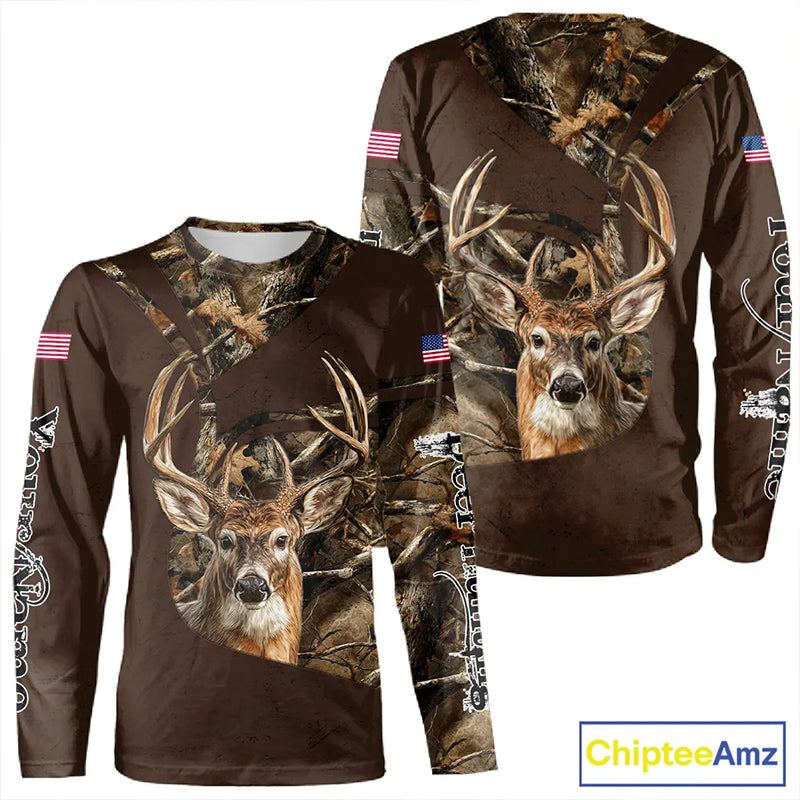 Deer Hunting Big Game Brown Camo US Flag Custom Name 3D All Over Print Shirts, Hunting Gifts NBT263