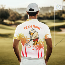 Load image into Gallery viewer, Man wearing a golf shirt with a funny duck and 'Team Name' text on a golf course.