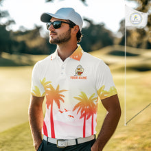 Load image into Gallery viewer, Funny duck mens golf polo with tropical sunset background sporty animal design and custom name on the chest