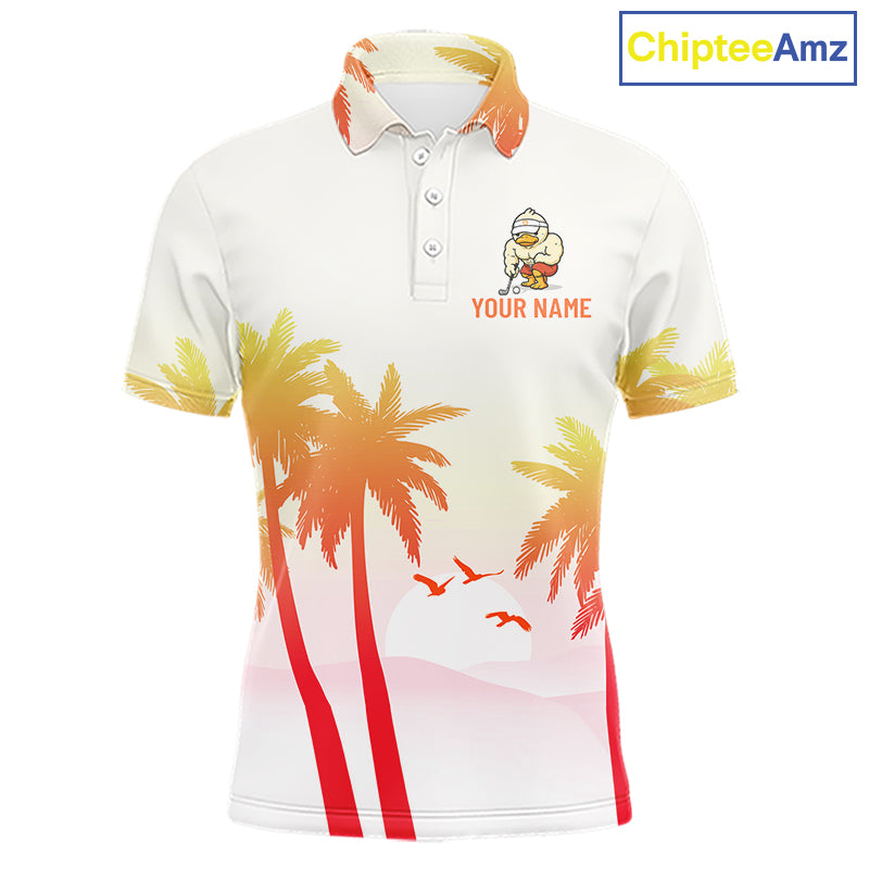 Front view of funny duck golf polo shirt for men with tropical sunset print