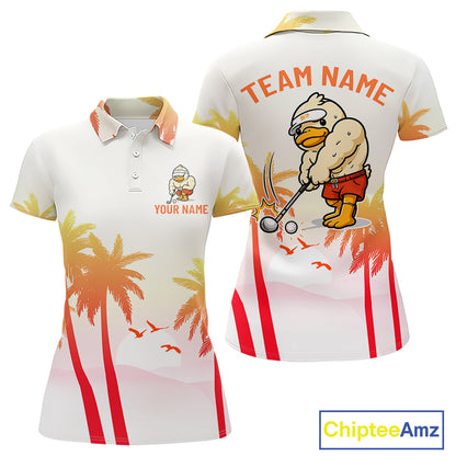 Front and back view of funny duck golf polo shirt for women with tropical sunset print with personalized name