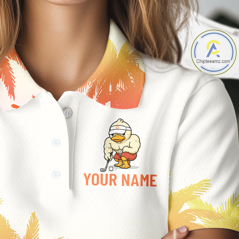 Close-up of funny duck golf polo shirt collar and buttons with custom name on the chest