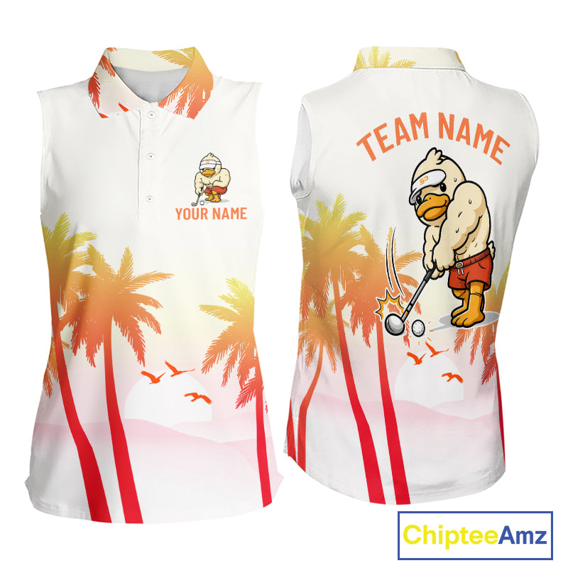 Front and back view of funny duck sleeveless golf polo shirt for women with tropical sunset print with personalized name
