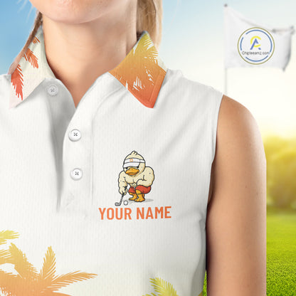Close-up of funny duck and tropical sunset print on womens sleeveless golf polo shirt