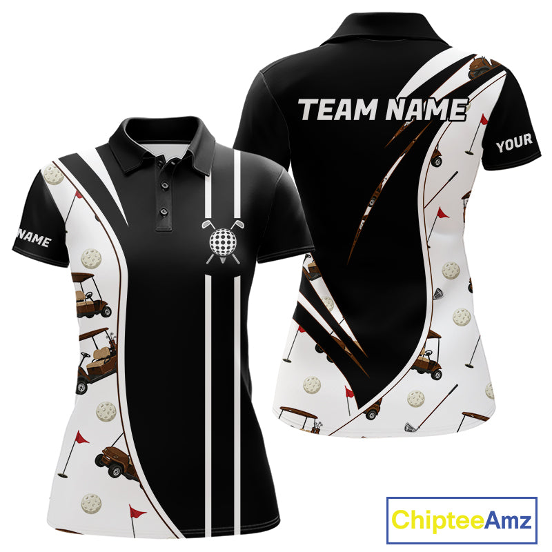 Front and back view of personalized golf polo shirt for men with golf cart pattern and personalized name