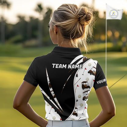 Woman wearing a golf cart pattern mens golf polo shirt and 'Team Name' text on the back, standing on a golf course.