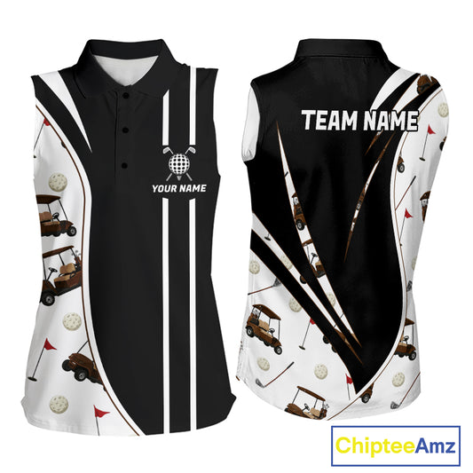 Front and back view of personalized sleeveless golf polo shirt for women with golf cart pattern and personalized name