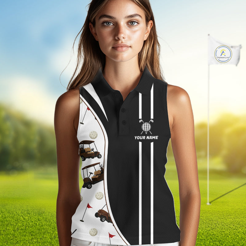 Front view of personalized golf cart pattern sleeveless polo shirt custom name gift