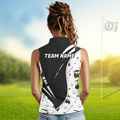 Woman wearing a Golf cart pattern womens sleeveless golf polo shirt and 'Team Name' text on the back, standing on a golf course