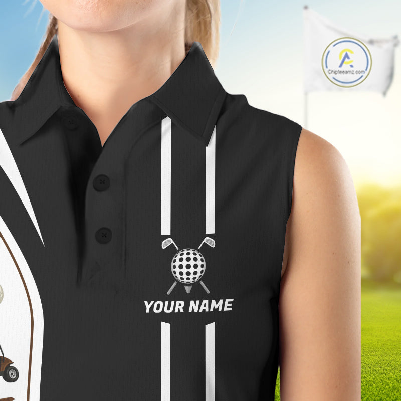 Close-up of golf cart graphic on personalized sleeveless golf polo shirt for women