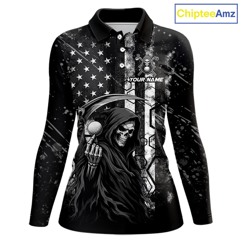 Custom Black And White American Flag Skull Reaper Womens Golf Polo Shirt, Team Golf Shirts NBT881