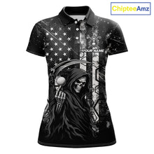 Load image into Gallery viewer, Front view of custom black and white American flag skull reaper womens golf polo shirt
