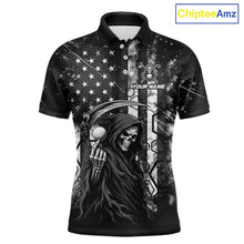 Load image into Gallery viewer, Custom Black And White American Flag Skull Reaper Mens Golf Polo Shirt, Team Golf Shirts NBT881
