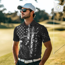 Load image into Gallery viewer, Custom Black And White American Flag Skull Reaper Mens Golf Polo Shirt, Team Golf Shirts NBT881