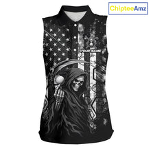 Load image into Gallery viewer, Custom Black And White American Flag Skull Reaper Womens Sleeveless Golf Polo Shirt, Team Golf Shirts NBT881