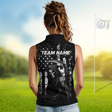 Load image into Gallery viewer, Custom Black And White American Flag Skull Reaper Womens Sleeveless Golf Polo Shirt, Team Golf Shirts NBT881
