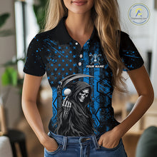 Load image into Gallery viewer, Custom Black And Blue American Flag Skull Reaper Womens Golf Polo Shirt, Team Golf Shirts NBT882