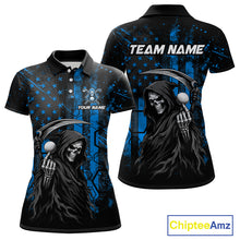 Load image into Gallery viewer, Custom Black And Blue American Flag Skull Reaper Womens Golf Polo Shirt, Team Golf Shirts NBT882