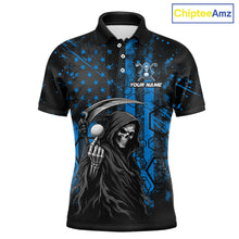 Load image into Gallery viewer, Custom Black And Blue American Flag Skull Reaper Mens Golf Polo Shirt, Team Golf Shirts NBT882