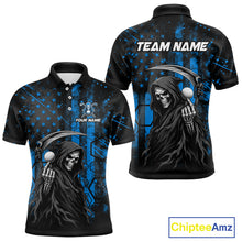 Load image into Gallery viewer, Custom Black And Blue American Flag Skull Reaper Mens Golf Polo Shirt, Team Golf Shirts NBT882