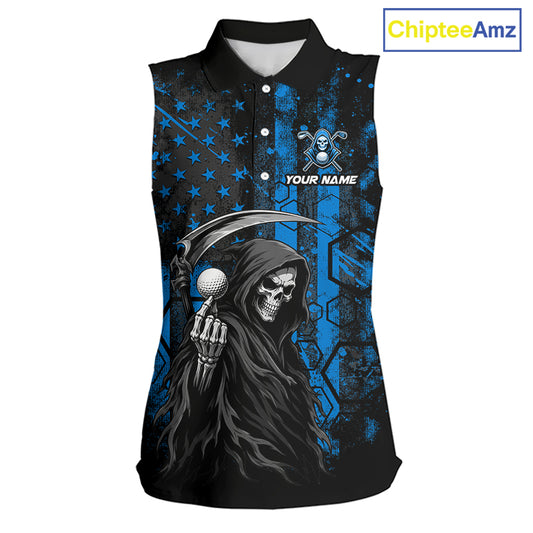 Custom Black And Blue American Flag Skull Reaper Womens Sleeveless Golf Polo Shirt, Team Golf Shirts NBT882